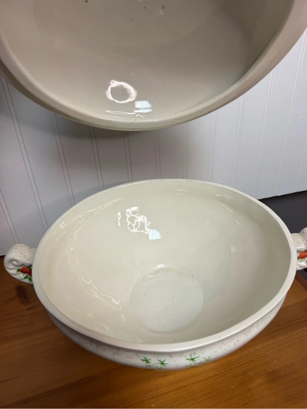 Vintage-Style Cream Ceramic Covered Tureen with Strawberry Motif